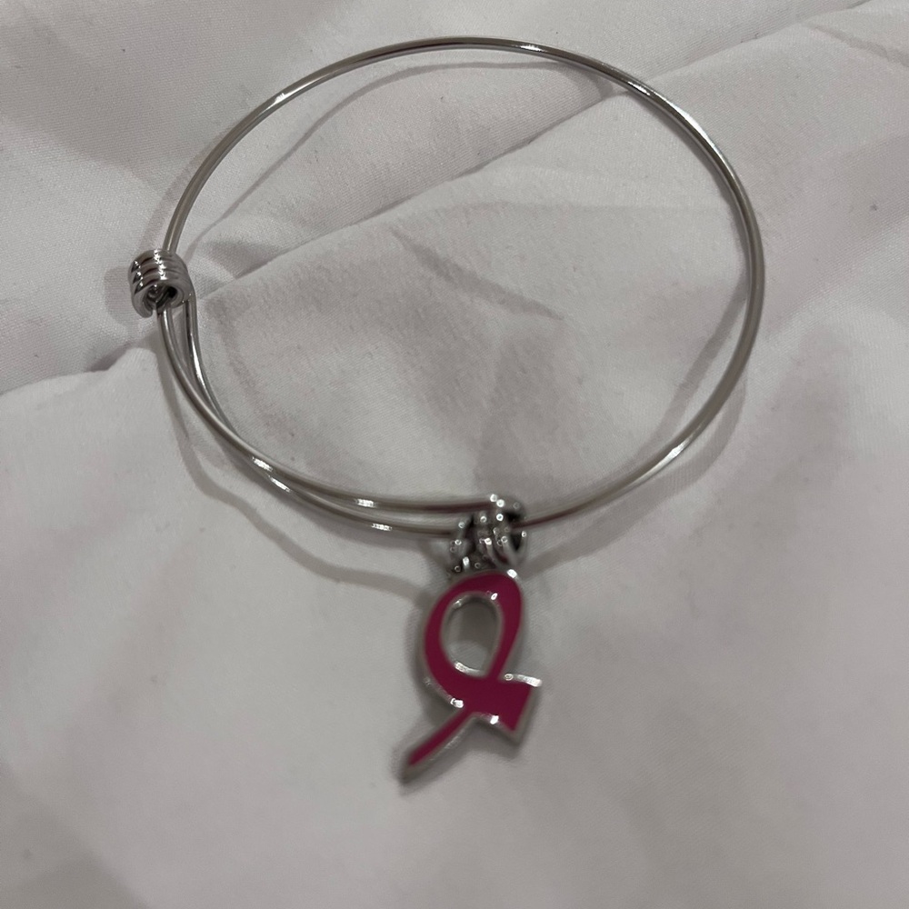 Silver Bangle Bracelet with Pink Ribbon Charm